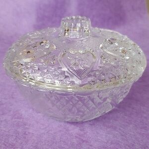 Vintage KIM Indonesia Clear Pressed Glass Candy Dish Hearts & Roses Fleur De Lis